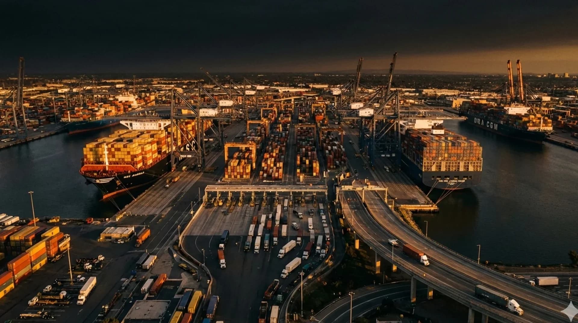 Aerial view of a container port at peak efficiency during golden hour